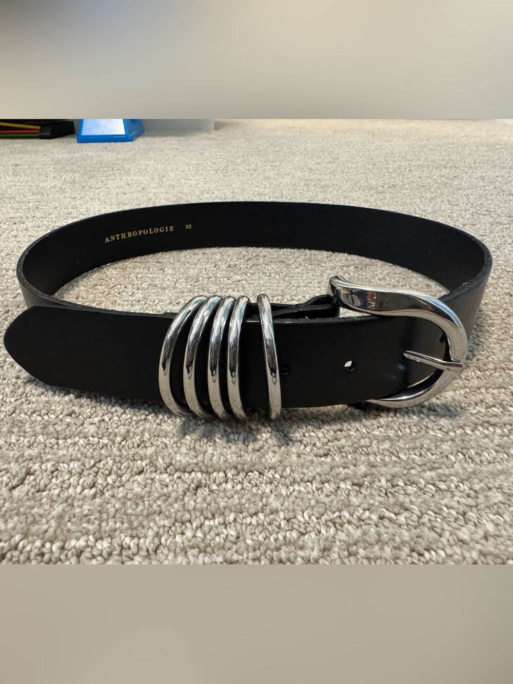 Anthropologie Black Leather Belt with Silver Rings size XS
